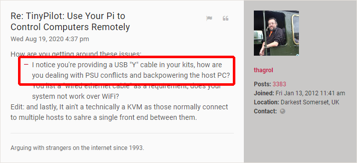 Screenshot of Pi Forums post: I notice you're providing a USB 'Y' cable in your kits, how are you dealing with PSU conflicts and backpowering the host PC?